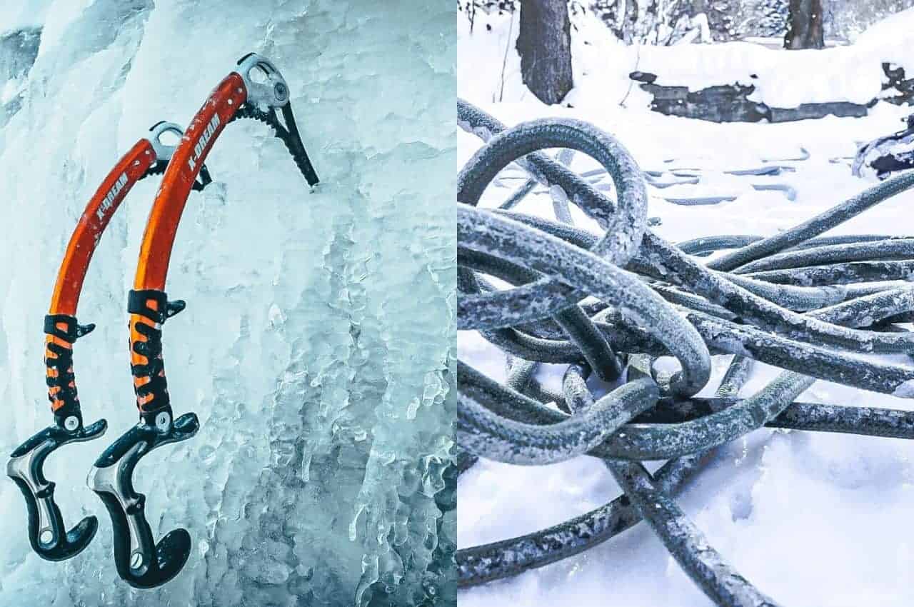 Ausrüstung zum Bergsteigen. Eispickel und Seil